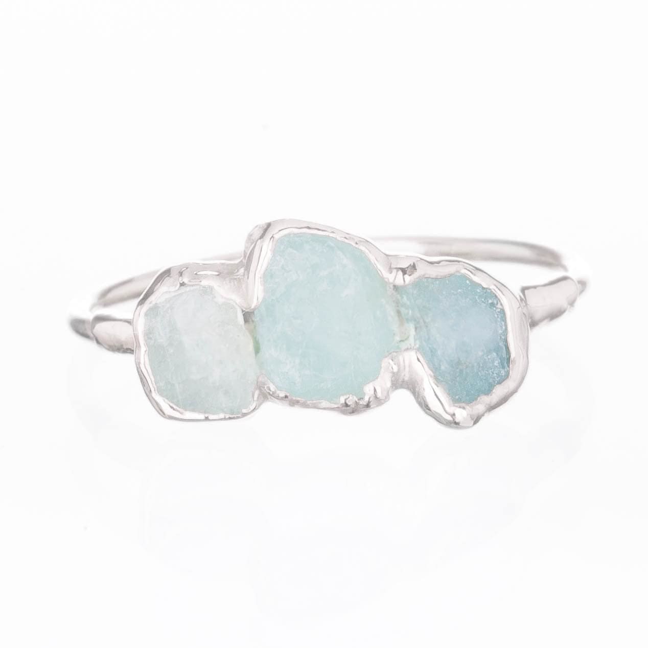 Triple Raw Aquamarine Ring in Sterling Silver, Smooth Stones