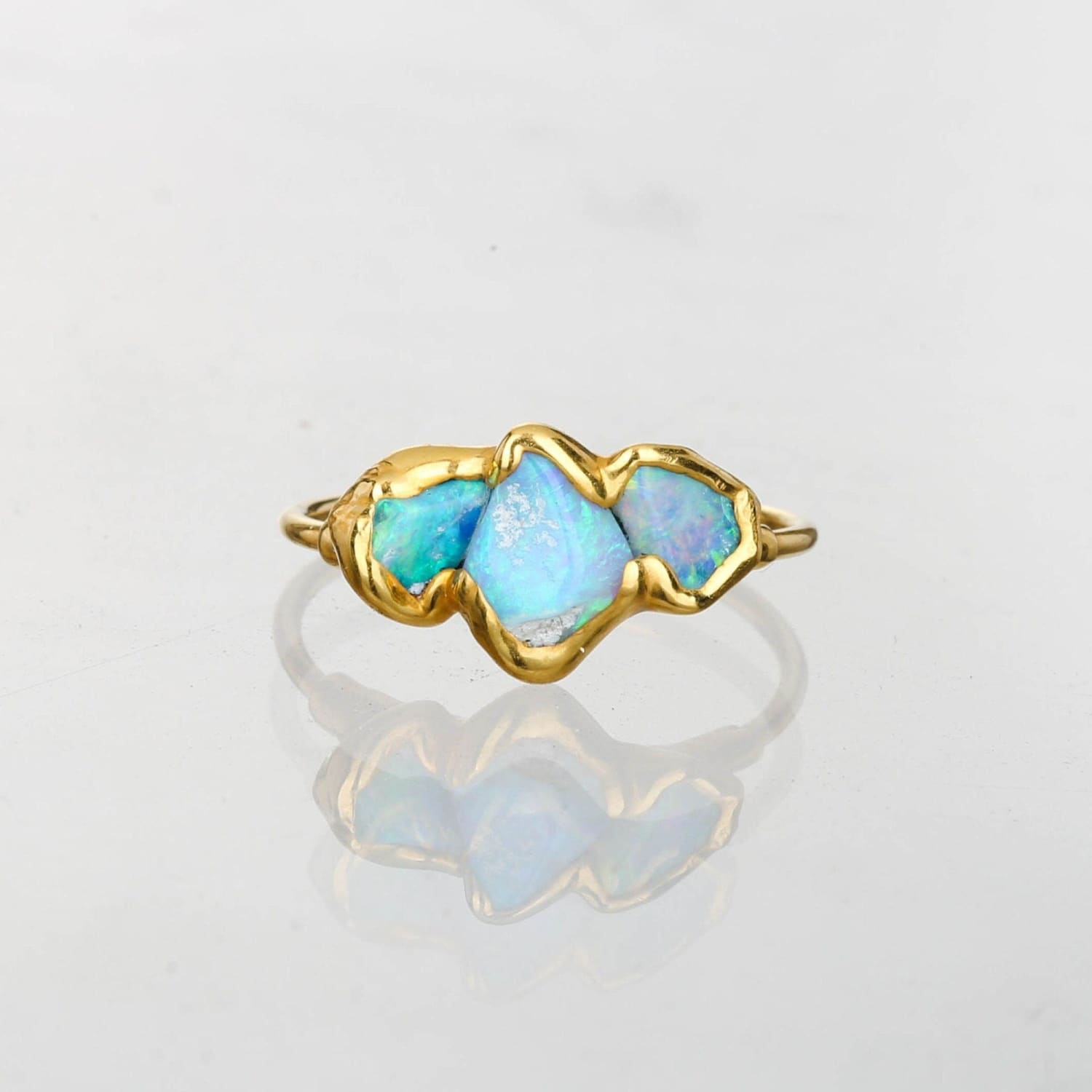 Triple Raw Opal Ring for Women, Gold Ring, Opal Ring, Unique Gift for Her, Gemstone Ring, Opal Engagement Ring, October Birthstone • 24k Dip