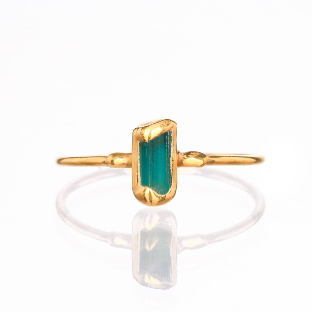 Vertical Raw Dark Blue Tourmaline Bar Ring, Dainty Gold