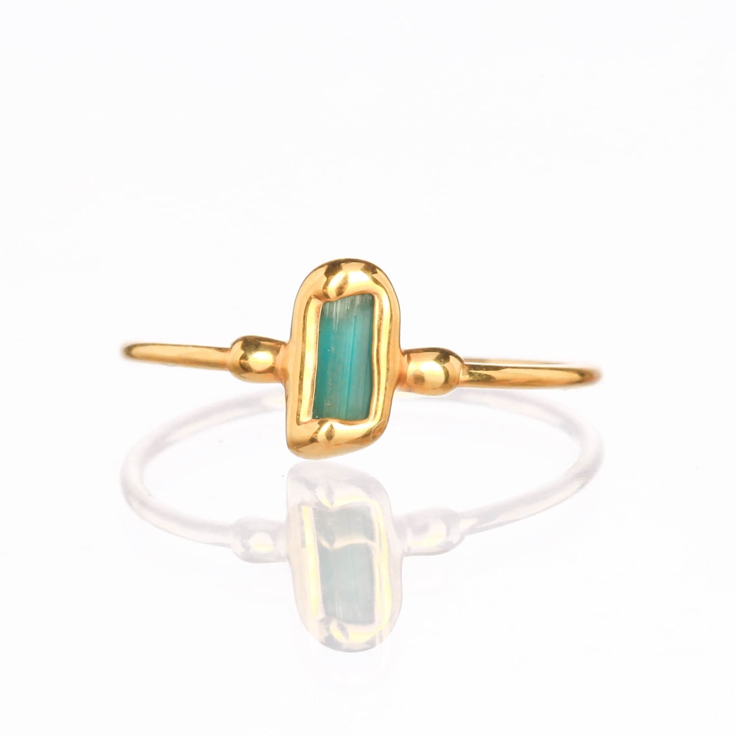 Vertical Raw Dark Blue Tourmaline Bar Ring, Dainty Gold
