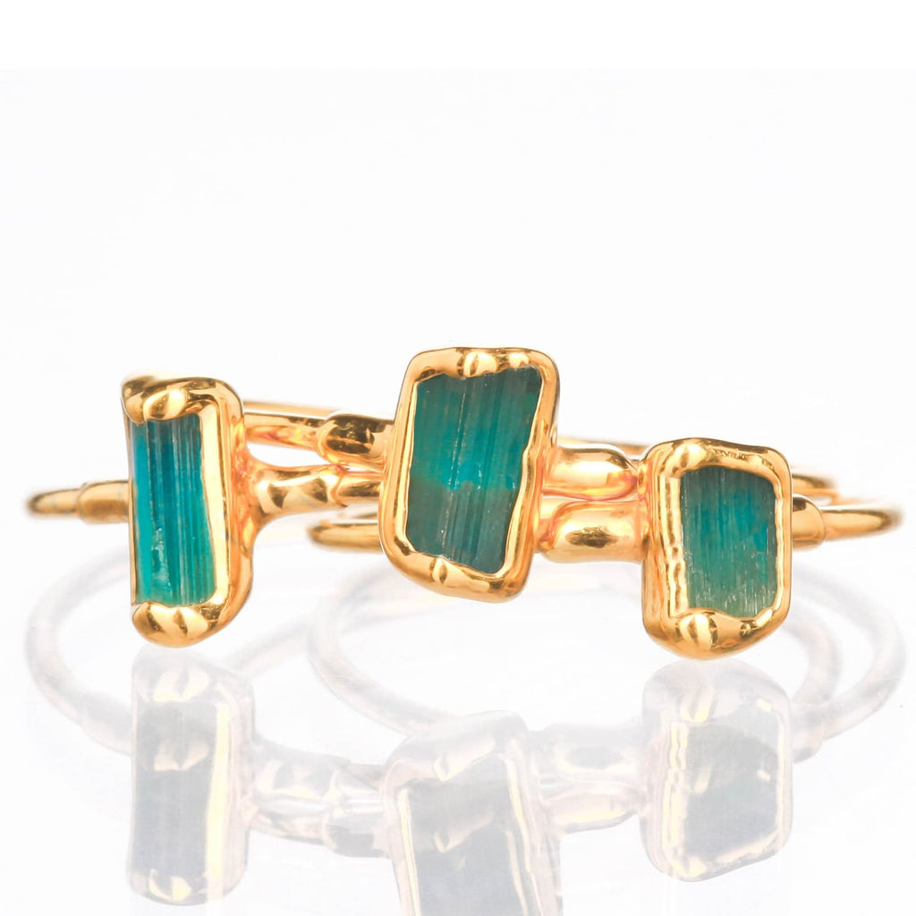Vertical Raw Dark Blue Tourmaline Bar Ring, Dainty Gold