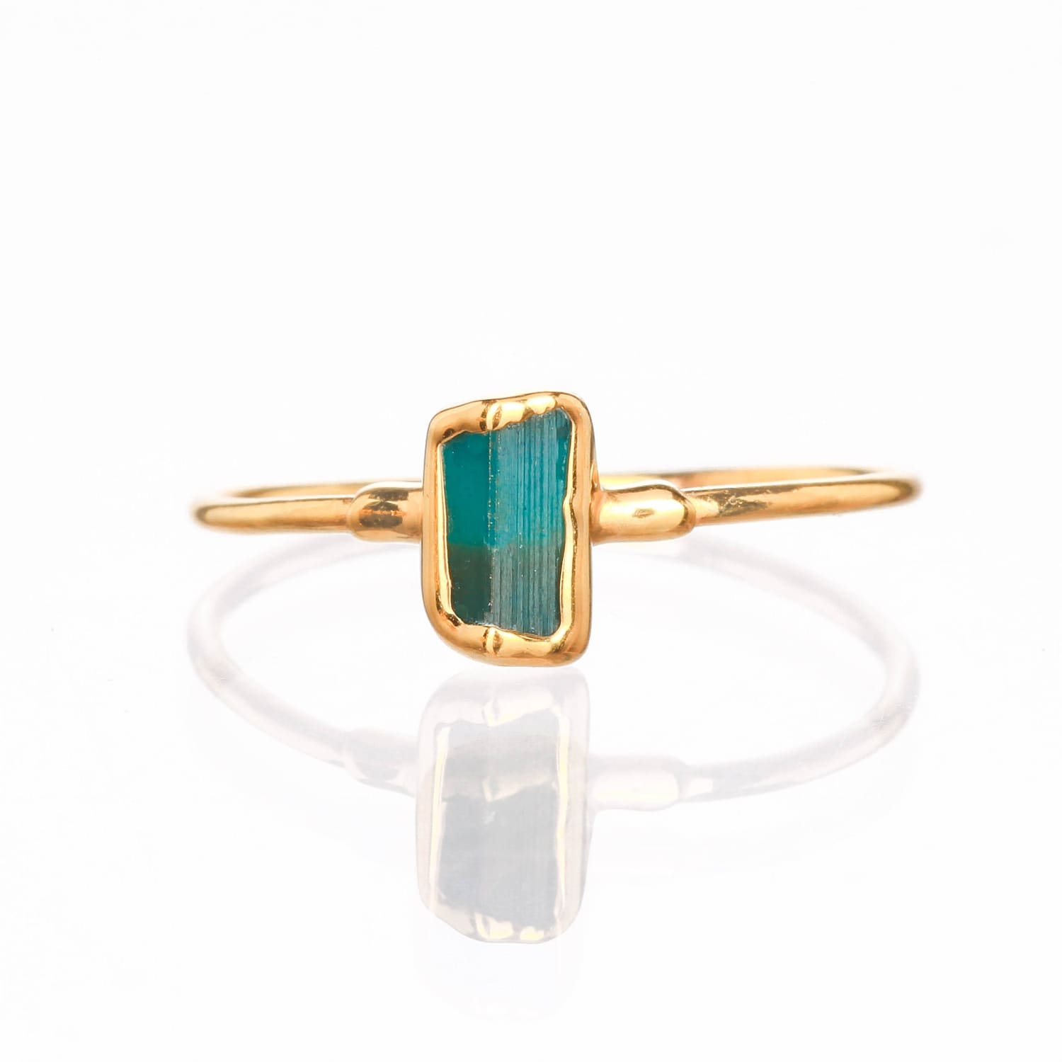 Vertical Raw Dark Blue Tourmaline Bar Ring, Dainty Gold