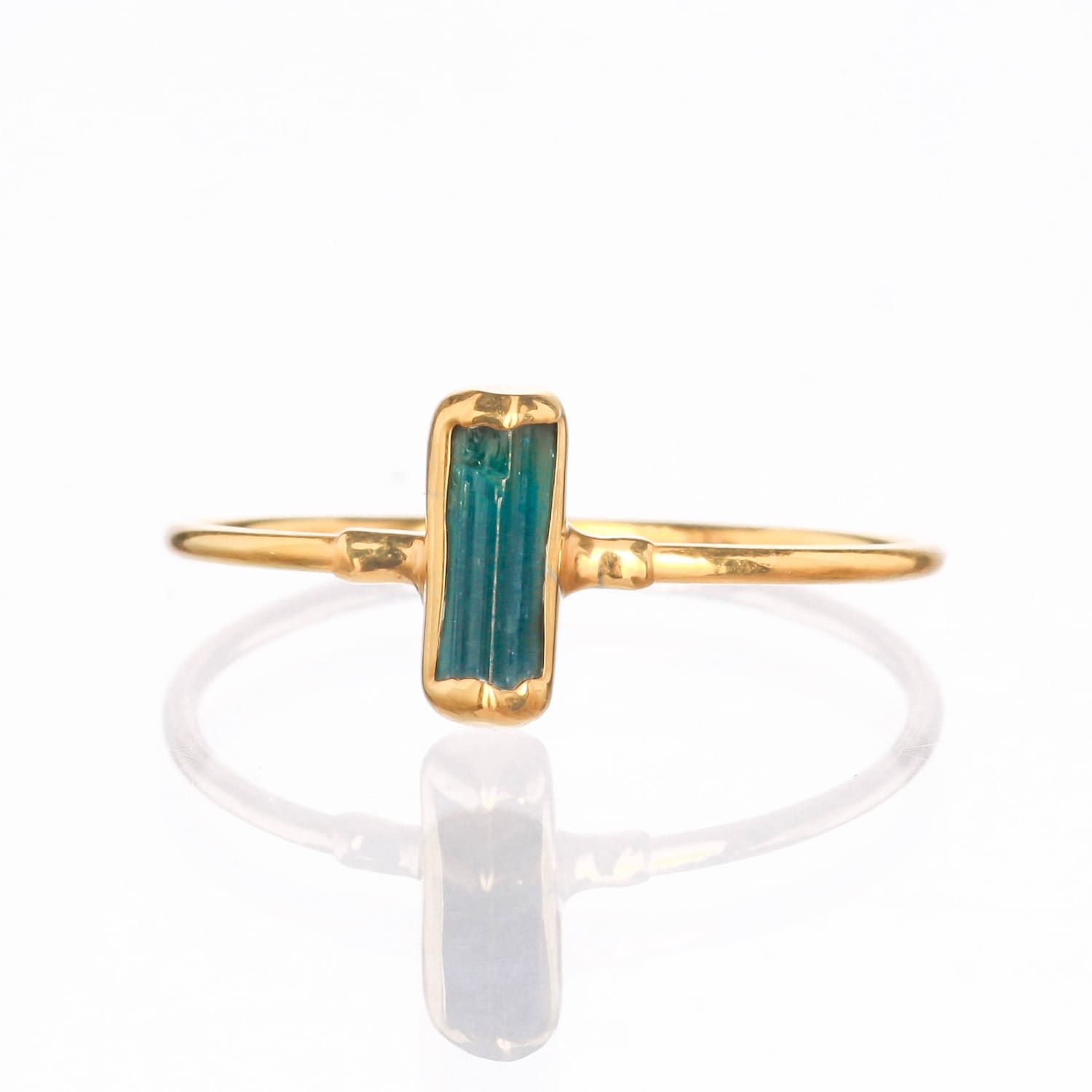 Vertical Raw Dark Blue Tourmaline Bar Ring, Dainty Gold
